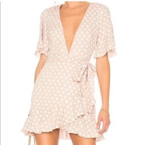MAJORELLE Revolve polka dot ruffle wrap mini dress ruffle short sleeve tan taupe